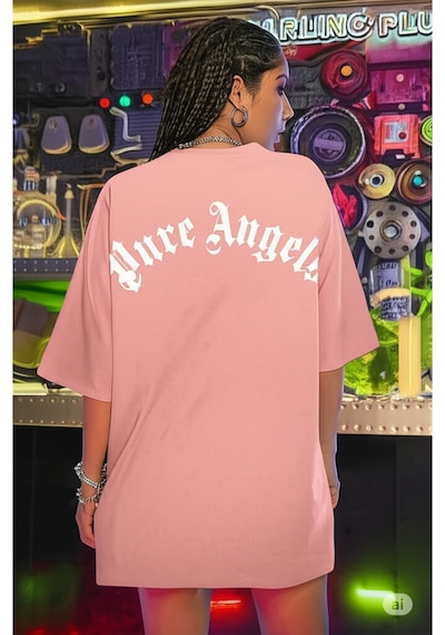 Oversize Pure Angels Baskılı T-shirt Pembe