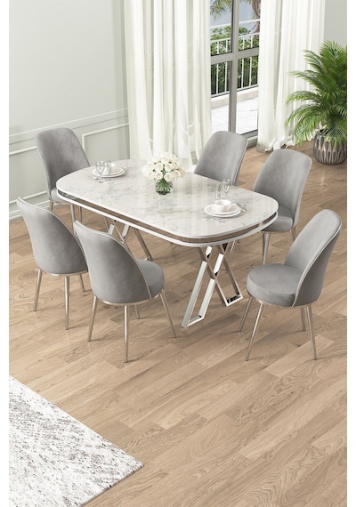 Canisa Lai Serisi 90x168 Lak Panel Beyaz Mermer Desen Krom Ayak Masa Takımı 6 Gri Sandalye Beyaz Mermer Desen Masa Sandalyeler Gri
