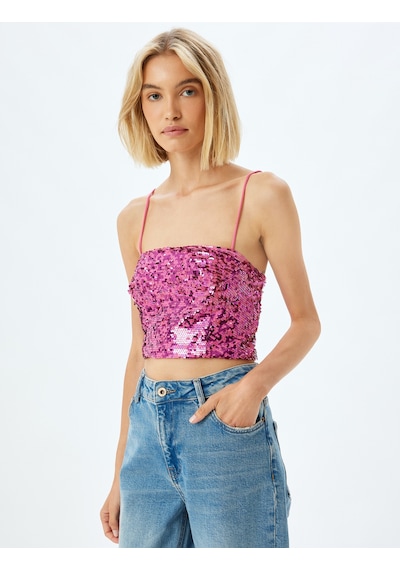 Koton Abiye Crop Bluz Pullu Payetli İp Askılı Slim Fit Pembe 5wak60015fk