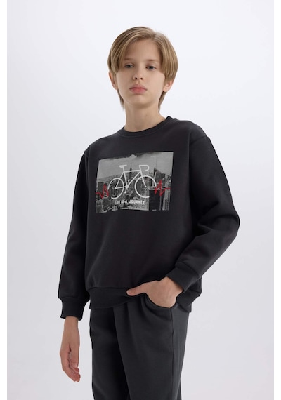 DeFacto Erkek Çocuk Bisiklet Yaka Baskılı Kalın Sweatshirt D3038A824WNAR206