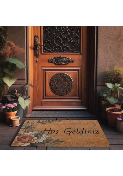 Valerine Life Vintage Kahverengi Zambak Ve Kalp Hoş Geldiniz Kapı Önü Paspası 45x70cm