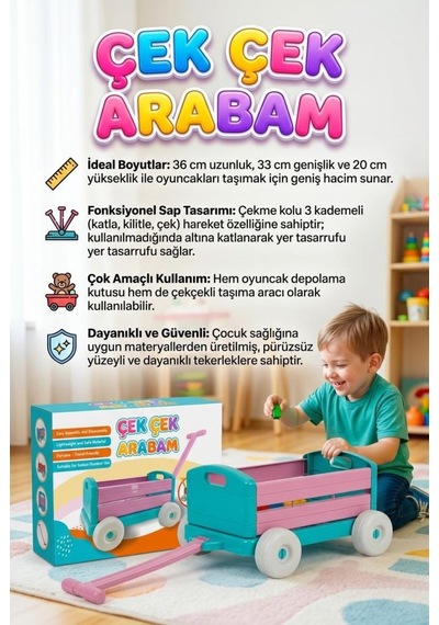 Çek Çek Arabam 4 Tekerli Katlanabilir Taşıma Ve Depolama Amaçlı Kullanılabilir Oyuncak Pembe Araba