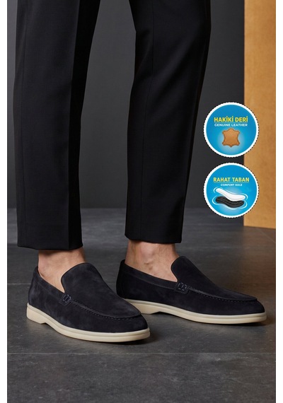 Komcero Lacivert Hakiki Deri Şık Rahat Espadril Erkek Casual Ayakkabı Loafer 6k020-217