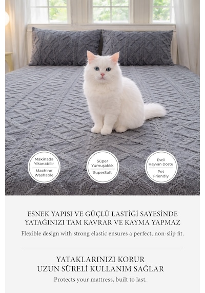 Süper Yumuşak Jakar Kadifemsi Peluş Lastikli Fitted Çarşaf Seti Kaymaz Tek/çift Kişilik Antrasit Koyu Gri
