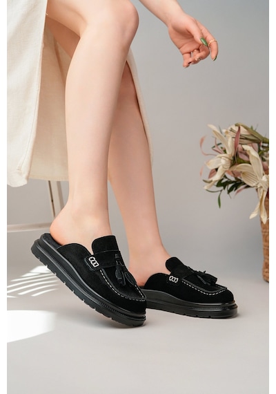 Bahrina Kadın Siyah Süet Loafer Püsküllü Terlik Siyah Süet