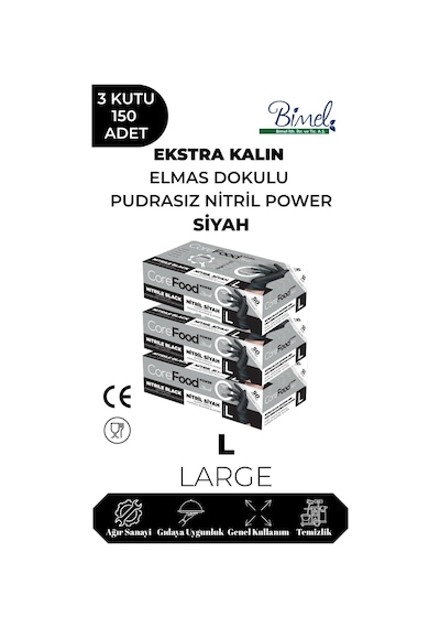 Nitril Siyah Power Muayene Eldiveni L - 3 Paket 50 Li