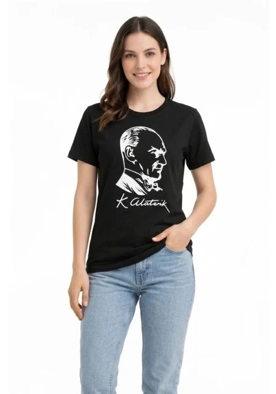 Modi Atatürk Baskılı Tişört Kısa Kollu Bisiklet Yaka T-shirt - Siyah Açık Siyah
