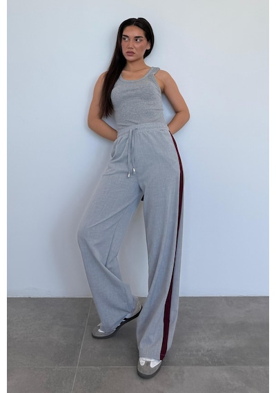 Madmext Gri Şerit Detaylı Bol Paça Kadın Pantolon Mg2441 Gri