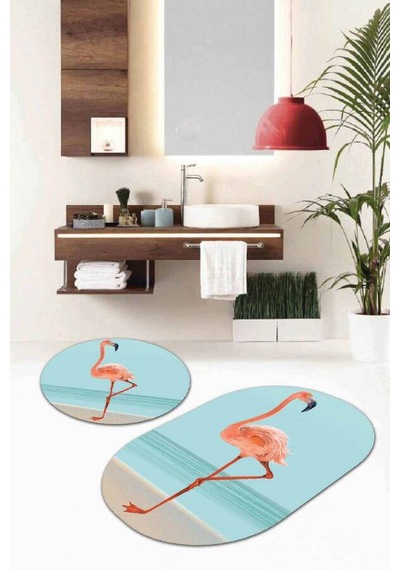 Turkuaz Flamingo Banyo Halısı Klozet Oval Paspas Seti Bs085n11
