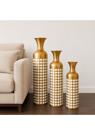 Seramik Görünümlü Metal Dekoratif Yer Vazosu Gold Beyaz Puantiyeli Modern Salon Vazosu Beyaz - Gold