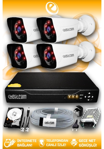 Elitcam 4 Kameralı Kare 4 Dış Kamera Set 2 TB HDD Full HD Gece Görüşlü Güvenlik Kamerası Sistemi