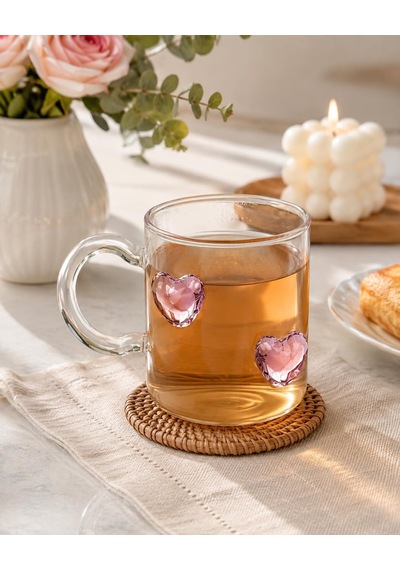 3d Pembe Kristal Kalp Figürlü Şeffaf Cam Kupa Romantik Kalp Kulplu Dekoratif Bardak çok renkli