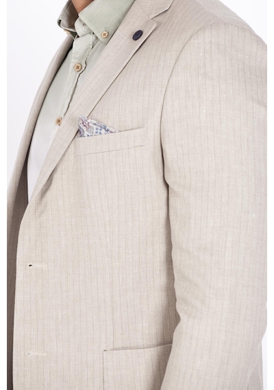 Ncs Jeans Erkek Blazer Slim Fit Dar Kesim Çizgili Keten Karışımlı Ceket 4869-Bej