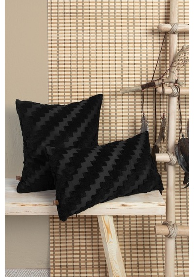 Bohem Özel Tasarım Punch Panç Desen Dekoratif Dikdörtgen Kırlent Kılıfı 28x50 cm Zigzag Siyah