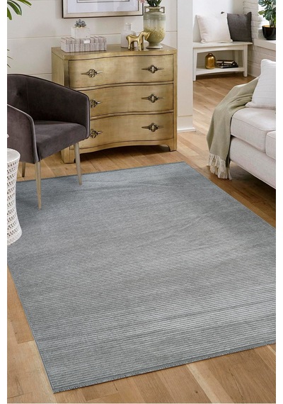 Line Serisi Kaymaz Taban Yıkanabilir Dekoratif Modern Şönil Kilim Gri