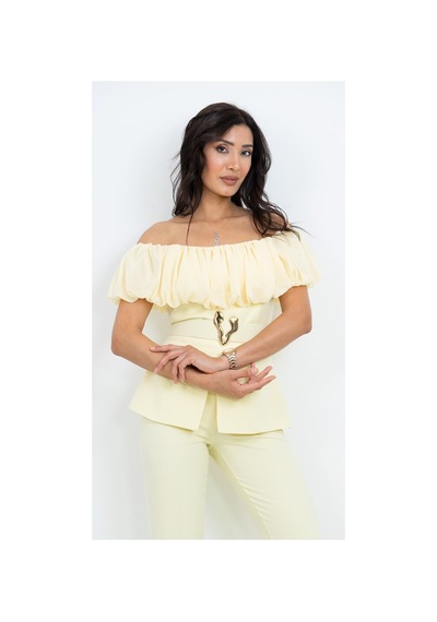Dorne Moda Özel Koleksiyon Straplez Madona Yaka Volanlı Kemerli Bluz Ve Pantolon İkili Takım- Düğün - Mezuniyet - Ofis Şıklığı Sarı Sarı