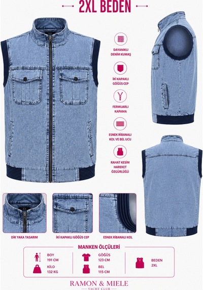 Büyük Beden Denim Dik Yaka Fermuarlı Cepli Bomber Erkek Yelek Mavi