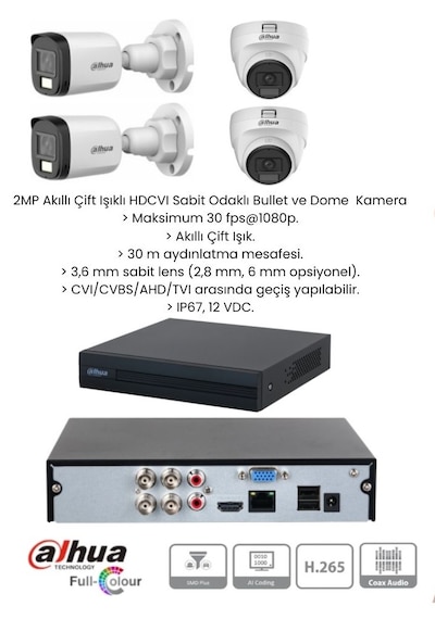 Dahua 2 Mp Full Hd 4 Kameralı Sesli Renkli Gece Görüşlü Full Hd Kamera Set 2 Bullet - 2 Dome