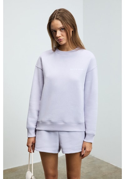 Grımelange Jennıfer Kadın Organik Pamuklu Nakışlı Yuvarlak Yakalı Oversize Lila Sweatshirt