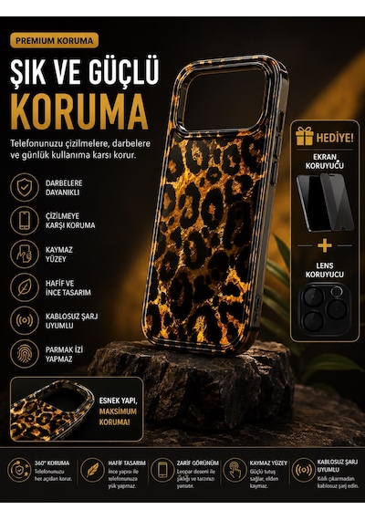 İphone 14 Pro Max Uyumlu Darbe Emici Leopar Desenli Telefon Kılıfı + Lens Ve Ekran Koruyucu Hediyeli Altın