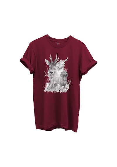 Geyik Ve Av Köpeği Çizim Baskılı %100 Pamuk Regular Fit Bisiklet Yaka Unisex T-shirt Bordo