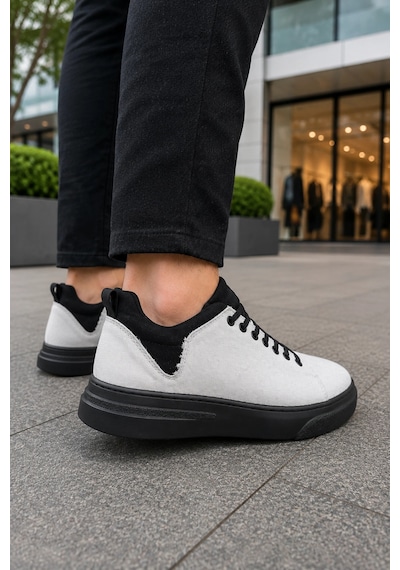 Mevese Ont Bağcıklı Keten Dokulu Hafif Taban Erkek Günlük Casual Sneaker Ayakkabı - Beyaz