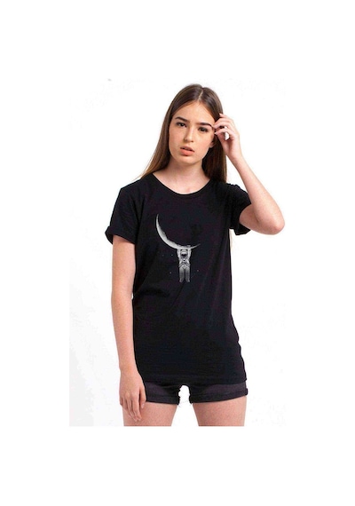 Astronot Aya Asılı Astronot Baskılı Siyah Kadın Tshirt