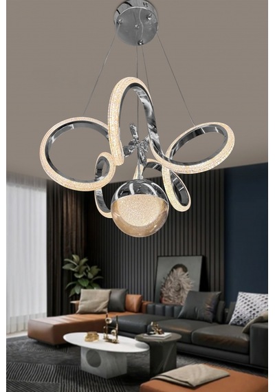 Kıvrım Tekli Fanus Top Simli Slikonlu Modern Oturma Led Avizesi - Kumandalı / Krom Krom