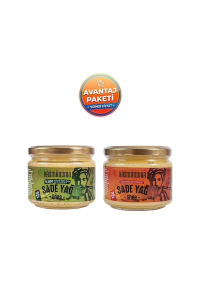 Hasmandıra Sade Yağ Ghee Tadım Seti - Koyun Keçi İnek 300g + İnek Kreması 300g Cam Kavanoz