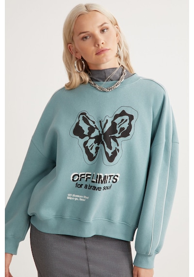 Grımelange Raketı Kadın Içi Polarlı Yumuşacık Bisiklet Yaka Biye Ve Parça Baskılı Relaxed Yeşil Sweatshirt