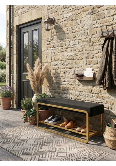 Line Modern Bench Puf Gold Metal 120 Cm - Antre, Giriş Holü, Ofis İçin Şık Dekoratif Bench Siyah