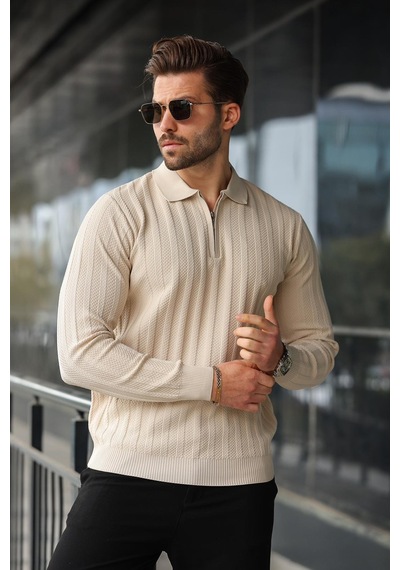 Madmext Taş Rengi Yarım Fermuarlı Polo Yaka Triko Kazak E7426 Taş Rengi