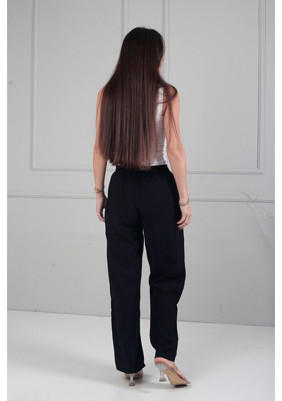 By Saygı Kadın Beli Lastikli Cepli Çilek Bol Paça Pantolon Siyah
