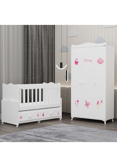 Elegant Beşik Ve Yıldız 3 Kapaklı Dolap - Prenses Beyaz
