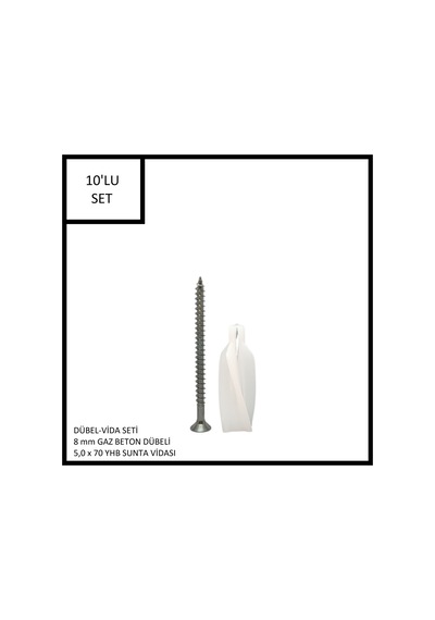 Dübel-vida Seti, Gaz Beton Ytong Dübeli 8 Mm, 5,0x70 Yhb Sunta Vidası, 10 Adet