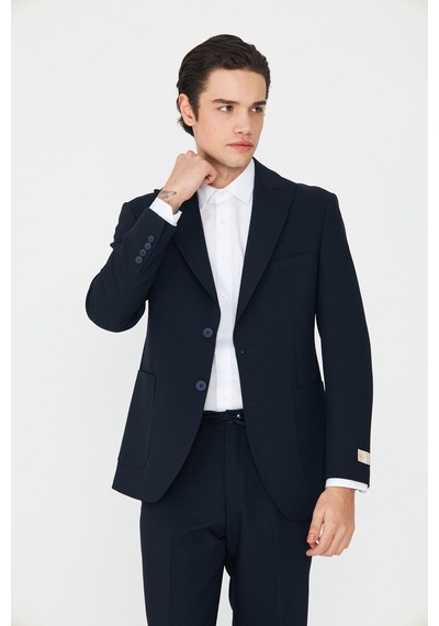 Lacivert Modern Slim Fit Düz Kumaş Klasik Kesim Takım Elbise Laci