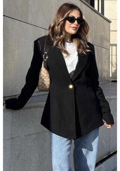 Kadın Siyah Astarlı, Tek Düğme, Vucüda Oturan Kalıp, Fitilli Kaşe Kumaş Blazer Ceket Siyah Kadın Siyah Astarlı, Tek Düğme, Vucüda Oturan Kalıp, Fitilli Kaşe Kumaş Blazer Ceket Siyah