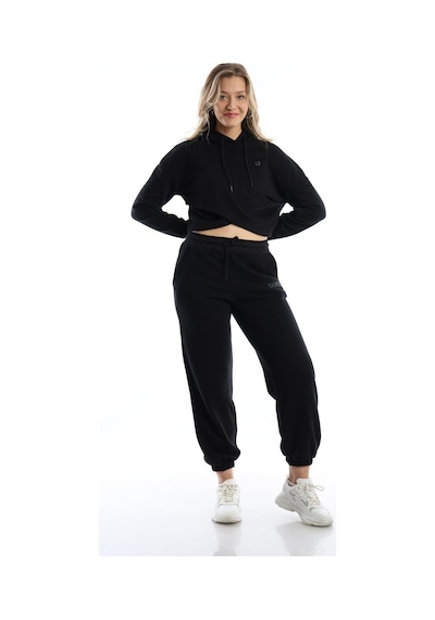 Kadın Kruvaze Detaylı Kapüşonlu Crop Sweat Siyah