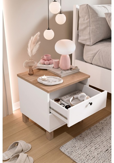 Robin Home Alaska Komodin 2'li Komodin Seti Çekmeceli Ahşap Ayaklı Sepet-beyaz