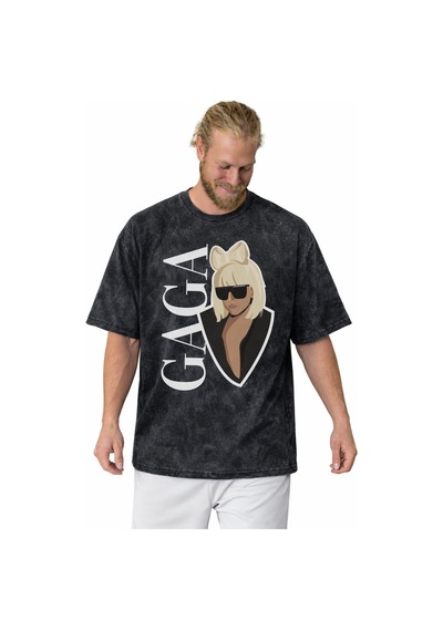 Sevbano Tasarım Lady Gaga Şarkıcı Baskılı Unisex Oversize Vintage Yıkamal Siyah