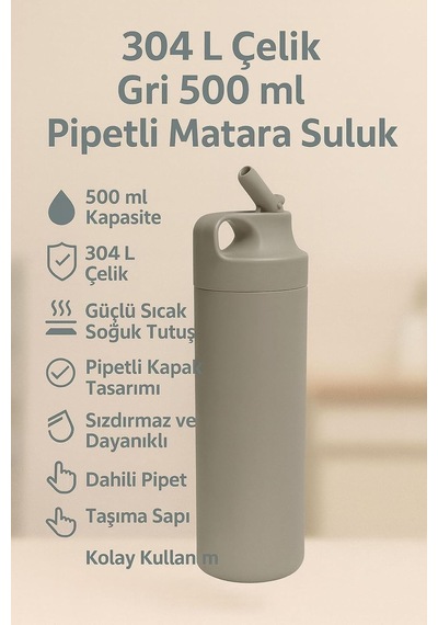 304 L Çelik Gri 500 Ml Pipetli Matara Suluk Cin414gr Diğer