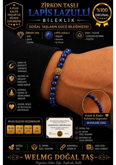 Zirkon Taşlı Bileklik - Lapis Lazulli Bileklik - 8 Mm - Doğal Taş Bileklik Mavi Mavi