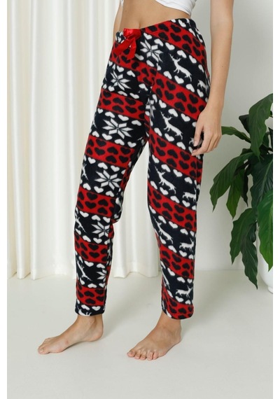 Farya Home Luxury Soft Welsoft Polar Desenli Kurdeleli Kışlık Pijama Altı Pantolon Lacivert Kırmızı Lacivert - Kırmızı
