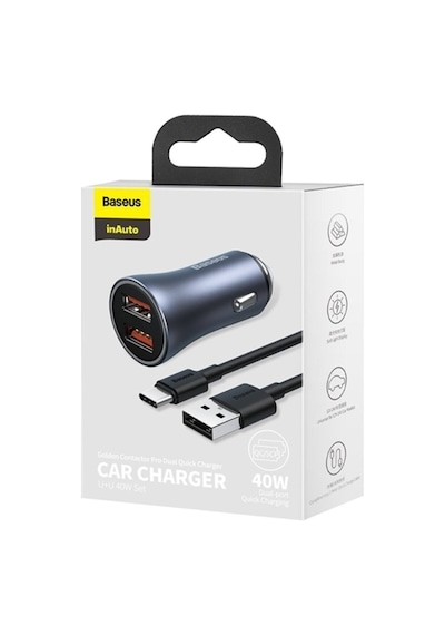 Baseus Golden Contactor Pro 40w Çift Usb Hızlı Araç Şarj Başlık + 5a Type-c Kablo