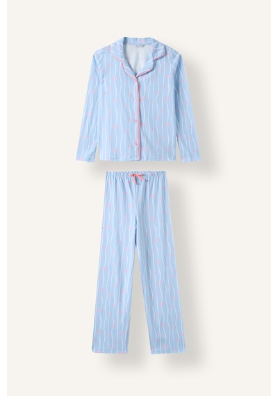 Defacto Dalga Desenli Gömlek Yaka Üst Geniş Paça Alt 2li Pijama Takımı Kız Çocuk I1882a826aube791 Mavi-be791