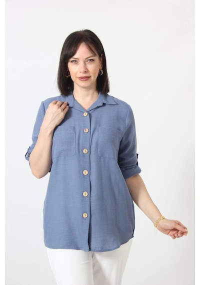 Moda Berray İb-077 İndigo Pamuk Keten Kolu Apoletli İki Cepli Kadın Büyük Beden Gömlek İndigo Moda Berray İb-077 İndigo Pamuk Keten Kolu Apoletli İki Cepli Kadın Büyük Beden Gömlek İndigo