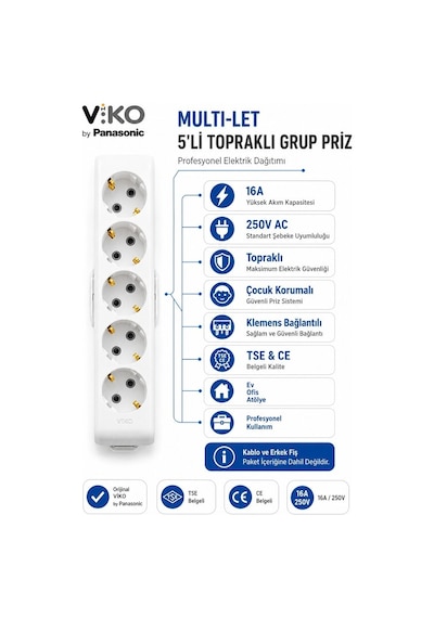 Viko Multi-let 5'li Grup Priz Topraklı Klemens Bağlantılı Çocuk Korumalı Askı Aparatlı Kablosuz Tse Ce Belgeli  Viko Yok