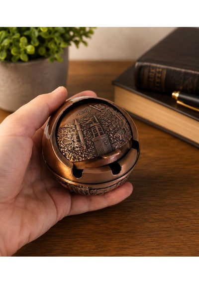 Kapaklı Metal Küllük Açılır Kapanır Dekoratif Masa Üstü Küllük Vintage Bakır 7.5 Cm
