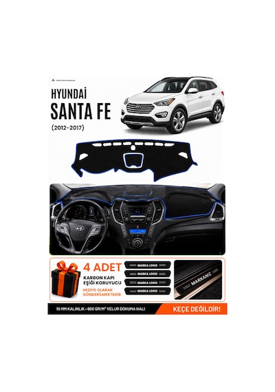 Hyundai Santa Fe 2012-2017 Uyumlu Torpido Örtüsü, Torpido Kılıfı - Siyah Mavi