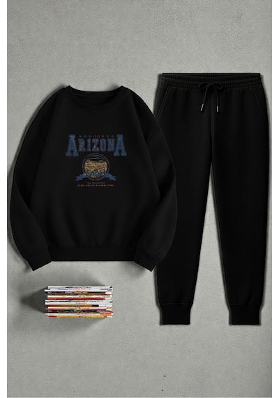 Uyguntarz Unisex Arizona Tasarım Basklı Bisiklet Yaka Sweatshirt - 2'li Eşofman Takımı Siyah